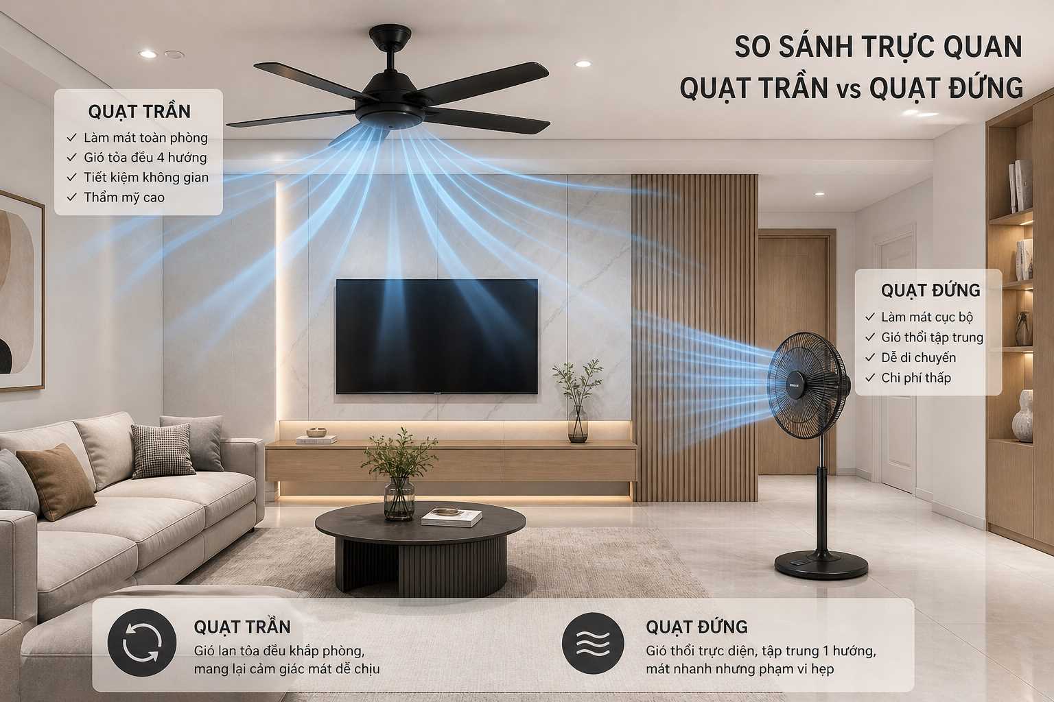 Quạt trần và quạt đứng: So sánh thực tế từ đo đạc – Chọn đúng tiết kiệm hàng triệu tiền điện